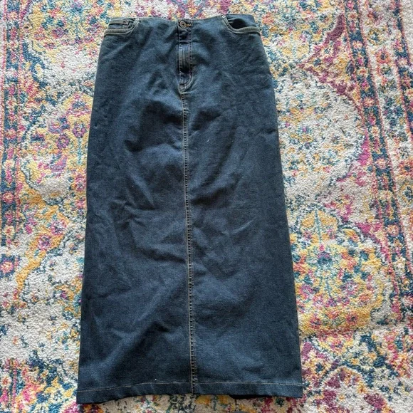 Y2K Dark Wash Denim Maxi Skirt Minimalist Vintage 2000s - Picture 4 of 4
